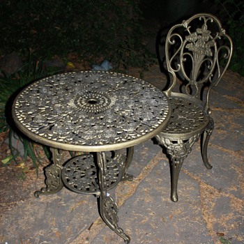 'Brass' table and chair - victorian? or a knock-off?