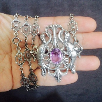 Antique Victorian German Amethyst Pheonix? Bookchain 800 Silver Lavalier Necklace - Art Nouveau
