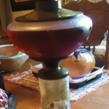 Grandmothers oil lamp, Mother made electric, now I made Oil last night! Milk Glass painting "Cabin in Snow" - Lamps
