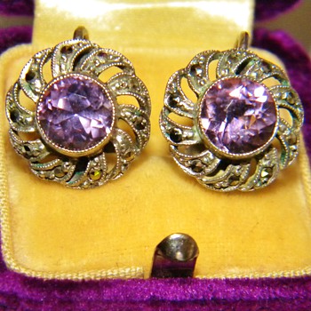 Vintage Deco Amethyst Marcasite 835 Silver Earrings Germany  - Fine Jewelry