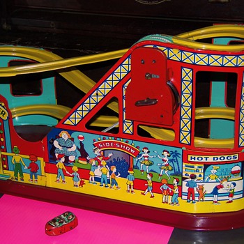 Old Tin Toy Wind up Circus Roller Coaster and Car 