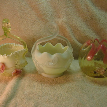 Victorian Applied Flowers Baskets and Rose Bowl - Art Glass