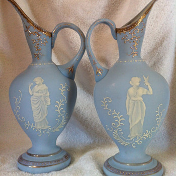 Powder Blue Milk Glass Mary Gregory Ewers - Art Glass