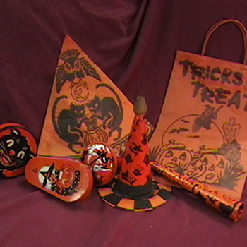 Vintage Halloween Noisemakers, Party Hat and Bag