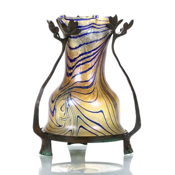 Art Nouveau Glass Vase in Bronze Leaf Form - Art Glass