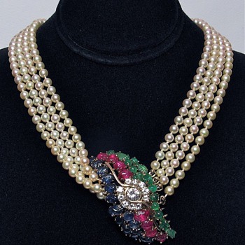 Cultured Fresh Water Pearl Necklace with 1.26cts Diamonds & Carved Rubies, Sapphires & Emeralds in 18k - Fine Jewelry