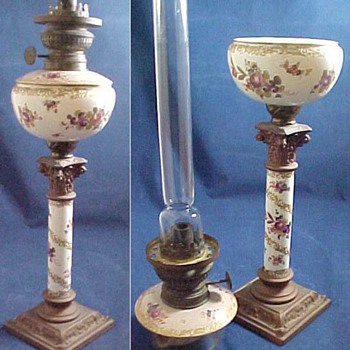 German Hand Painted Porcelain or China Kerosene Banquet Lamp w Brenner Kosmos Burner - Lamps