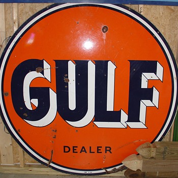 Gulf Double Sided Porcelain Sign...Dealer 1956...Three Colors