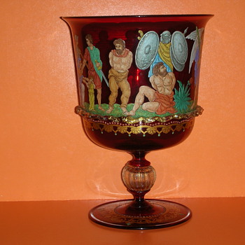 GOODWILL FIND! VENETIAN RUBY GLASS VASE ENAMEL ROMAN SCENE - Art Glass