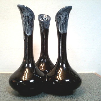Van Briggle Jet Black and Sea Foam Drip Glaze Triple Bud Vase / Marked / Circa 1960's - Art Pottery