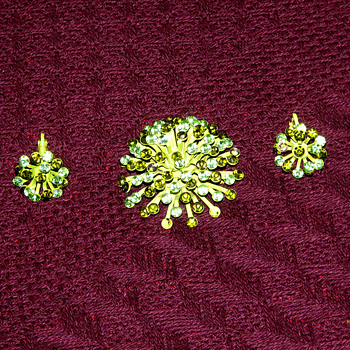 Two-tone Green Rhinestone Brooch and Earrings
