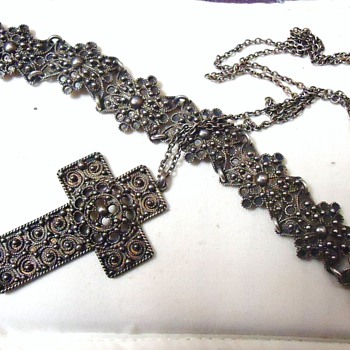 sterling Jewelry, Cross, Bracelet, From? and Mexico Amber, Amethyst ear rings 1930's