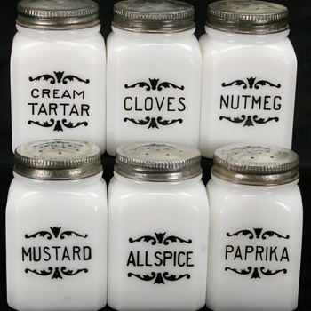 Vintage Depression White Milk Glass Spice Jar Shaker Set
