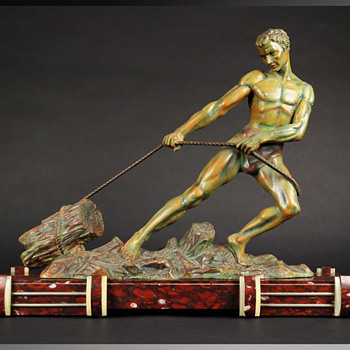 1920s Signed Alexandre Ouline Sculpture Youth Pulling a Stump