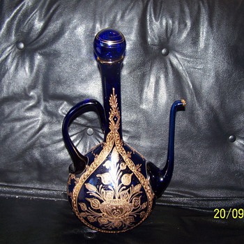 blue glass decanter,with guilding - Bottles