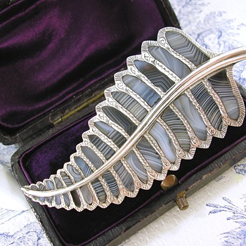 Antique Victorian Scottish Agate Large Silver Fern Leaf Brooch - Fine Jewelry