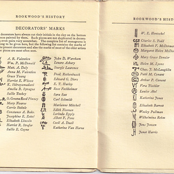 Rookwood Pottery Artist Marks from old booklet published by Cincinnati's own Rookwood Pottery corporation in the 1930s. - Art Pottery