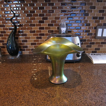 Austrian Loetz-type Olive Green Iridescent Large Basket Vase