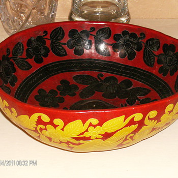 Carved Gourd Bowl Painted Yellow and Red