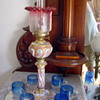 1870's Meissen Kerosene Lamp w Cranberry Etched Shade