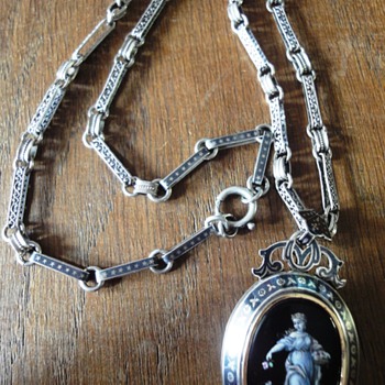 Enameled Silver Niello Locket Pendant with matching Necklace - Fine Jewelry