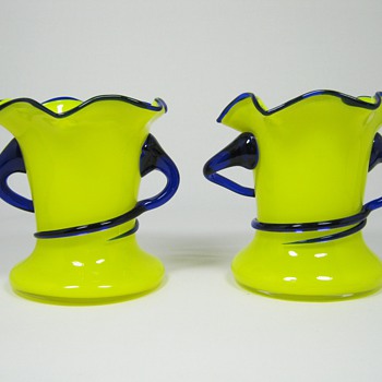 Pair of Yellow Czech art deco era Tango glass Vases with applied cobalt blue handles ca. 1920's 30's - Art Glass
