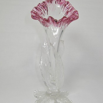Gorgeous Harrach Clear Crystal Floriform Vase with Applied Foliage and Rose Spatter - Art Glass