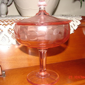 Unknown Pink Compote with etched flower - Glassware