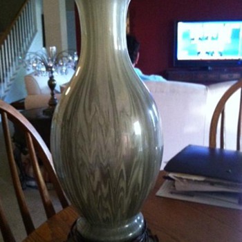 Leviton Mottled? Green Glass Vase Lamp with Brass Base 