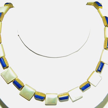 Antique MOP Blue Enamel Egyptian Revival? Etched Brass Choker Necklace - Fine Jewelry