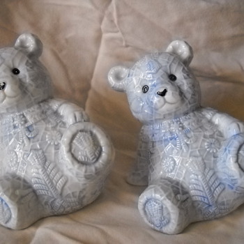 4.25 Inch, Porcelain, Leaning Teddy Bear w/ Decorative Powder Blue Snowflakes. - Art Pottery