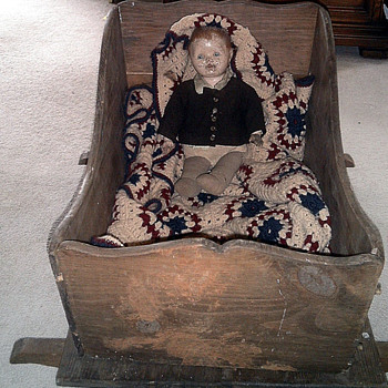 Old Doll with Primitive  Wood Rocking    Bed - Dolls