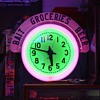 Electric Neon Clock Company...Two Colors...Cut Out Wood Letters In Top Sign...Bait...Groceries...Beer