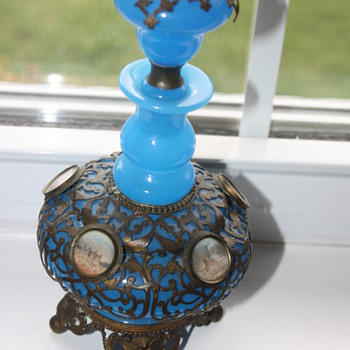 VTG  Blue glass decanter with metal  and small pics - Art Glass