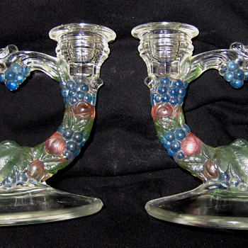 Pair of Color Double Glass Candlestick Holder Fruit Design - Art Glass