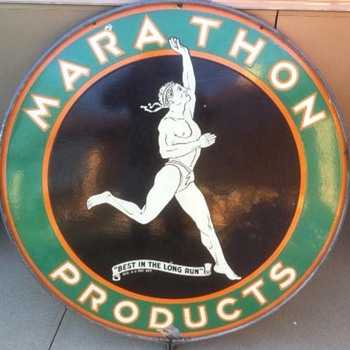 1930's 48" Marathon Sign in original ring. One of the favorite signs in my collection! - Petroliana