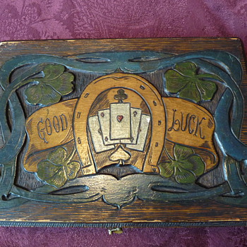 Antique Relief Carved Pyrography Poker Chip Set - circa 1925-1950