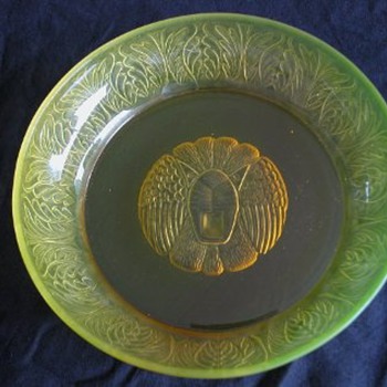 Reijmyre Sweden artdeco vaseline lion head dish - Art Glass