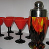 Czechoslovakia Glass cocktail shaker with aventurine and tango cocktail glasses