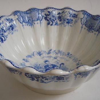 Heavy Old Bowl~White with Blue Oriental Themed Design~Large & Fluted