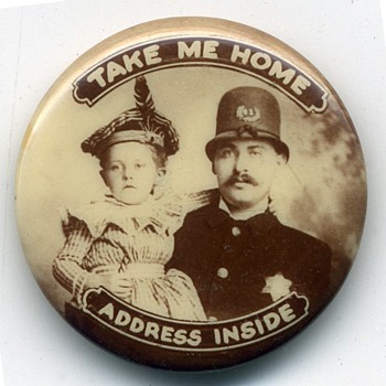 Turn of Century Lost Child ID Pinback Button. - Advertising
