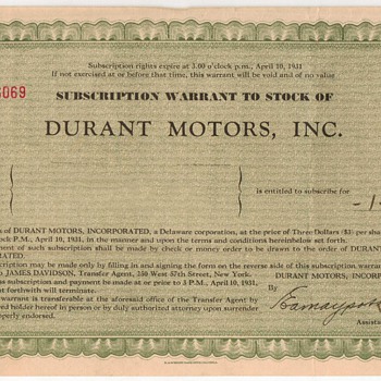 1931 Durant Motors Stock Subscription Warrant
