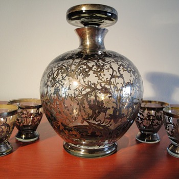 Decanter and goblets with sterling overlay