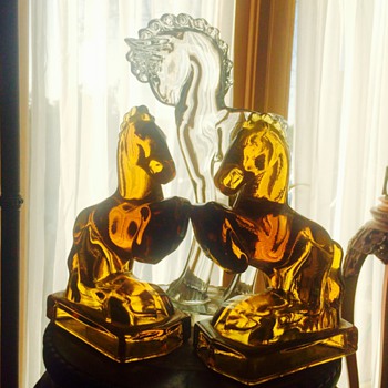 Vintage Huge 12" Heisey Standing Colt & Amber Horse Friends Bookends - Animals