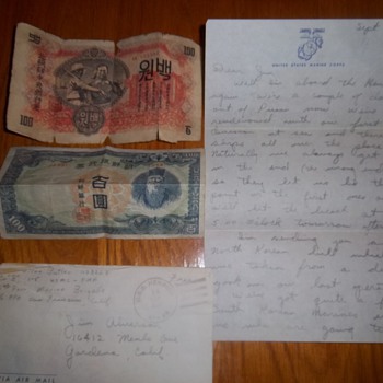 North Korean money and Marine Letter from Korean War Sept 14, 1950 - Paper