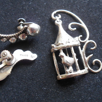 Vintage Taxco sterling earrings and Lang sterling birdcage pin - Silver