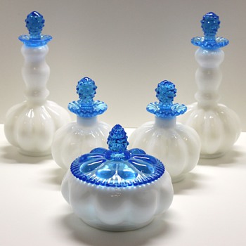 Fenton - Aqua Crest Vanity Set (1942) & Heart Relish Dish (1980s) - Art Glass