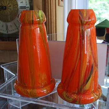 Pair of Czech Shell-Shaped Vases in Orange Swirl Decor - Art Glass