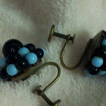 Blue & Black Glass Bead screw back earrings - Costume Jewelry