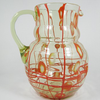 Czech Art Deco Uranium Glass Lemonade Set Red Threading and Millefiori Kralik ca. 1930's - Art Glass